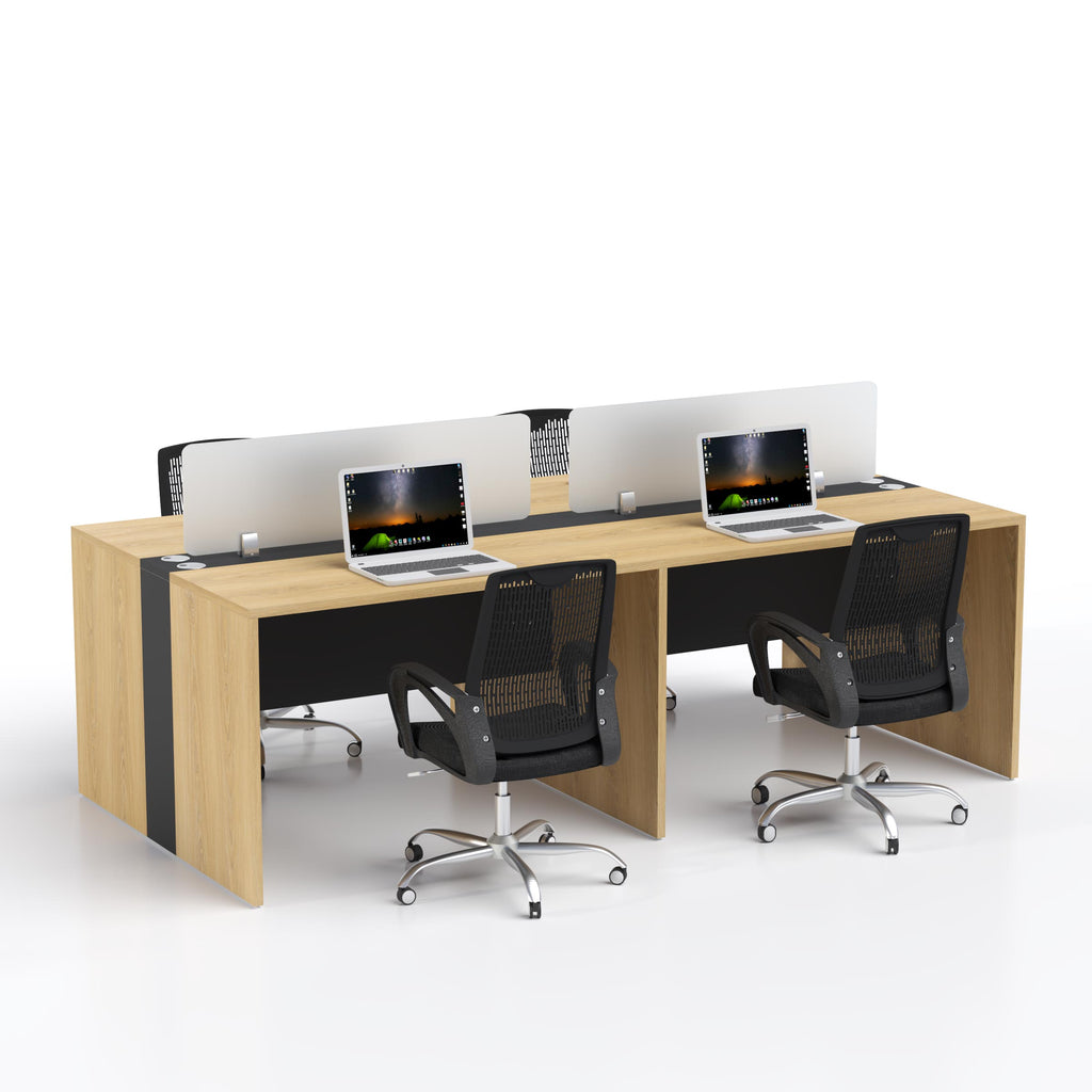 Four-person office workstation featuring a wood-finish desktop, central privacy dividers and organized face-to-face seating layout.