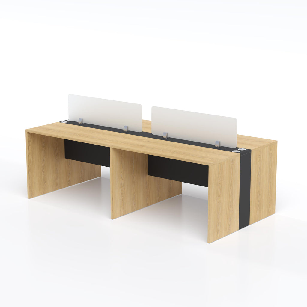Modern face-to-face office desk for four employees with separate work zones, cable access points and stylish wood-grain surfaces.