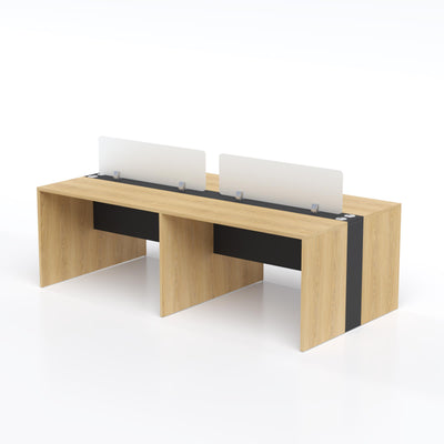Modern face-to-face office desk for four employees with separate work zones, cable access points and stylish wood-grain surfaces.