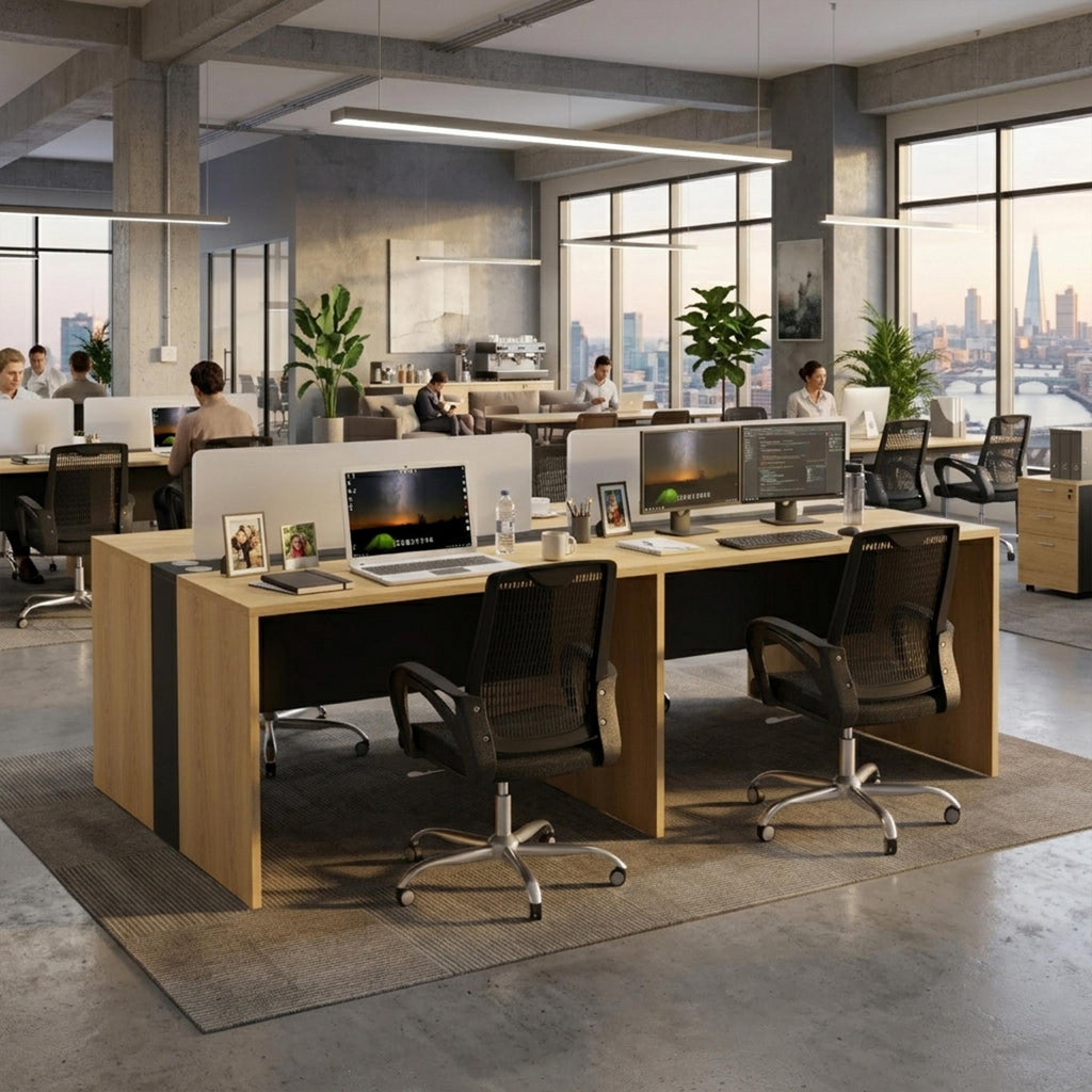 Tivin collaborative workstation designed for four users with clean office styling, privacy dividers and practical cable management.