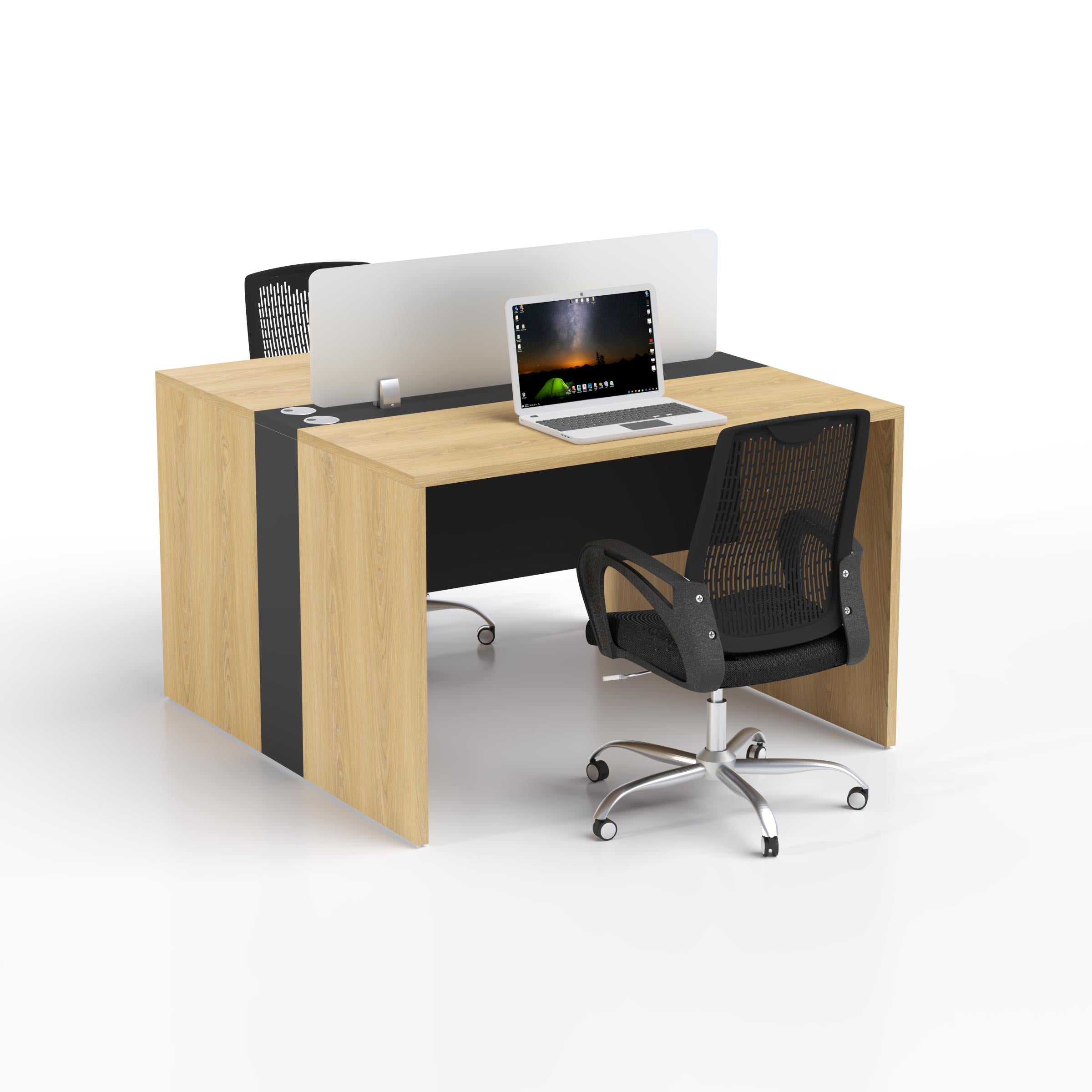 Tivin Face-to-Face Two-Seater Workstation with frosted glass divider, spacious desktops and cable ports for modern corporate offices.