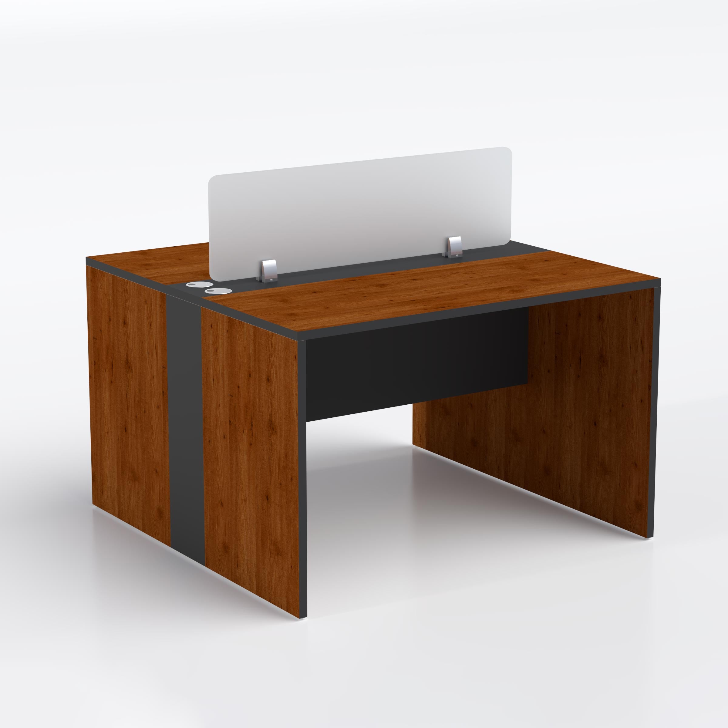 Two-person office workstation featuring face-to-face seating, wood-finish surfaces and a central frosted privacy partition for teams.