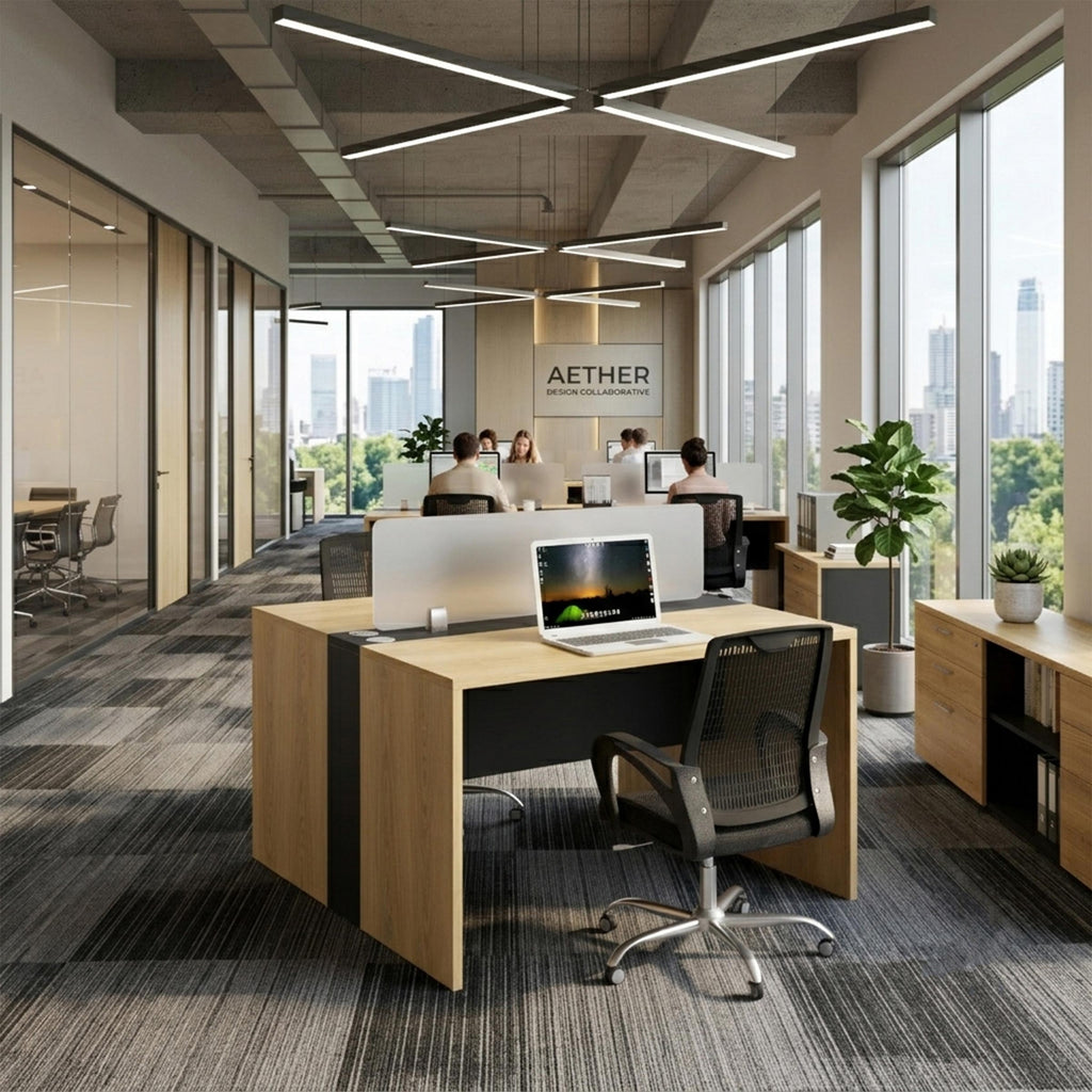Tivin office workstation designed for two employees with face-to-face seating, privacy partition and practical desktop organization.