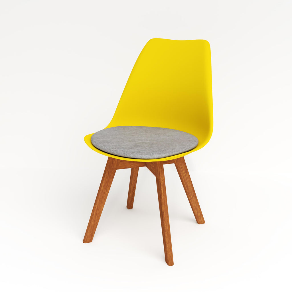 Yellow Tulip chair with a grey cushion and brown woodgrain legs.