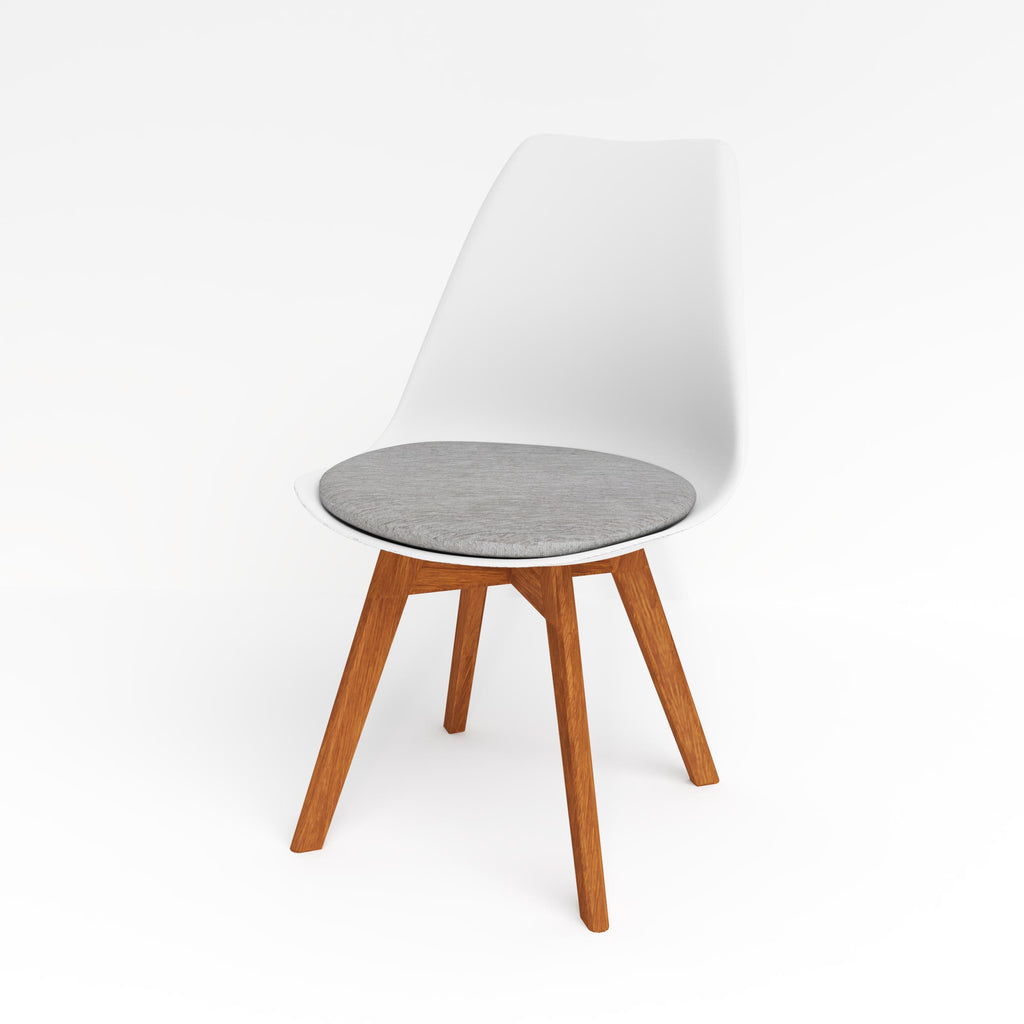 White Tulip chair with a grey cushion and brown woodgrain legs.