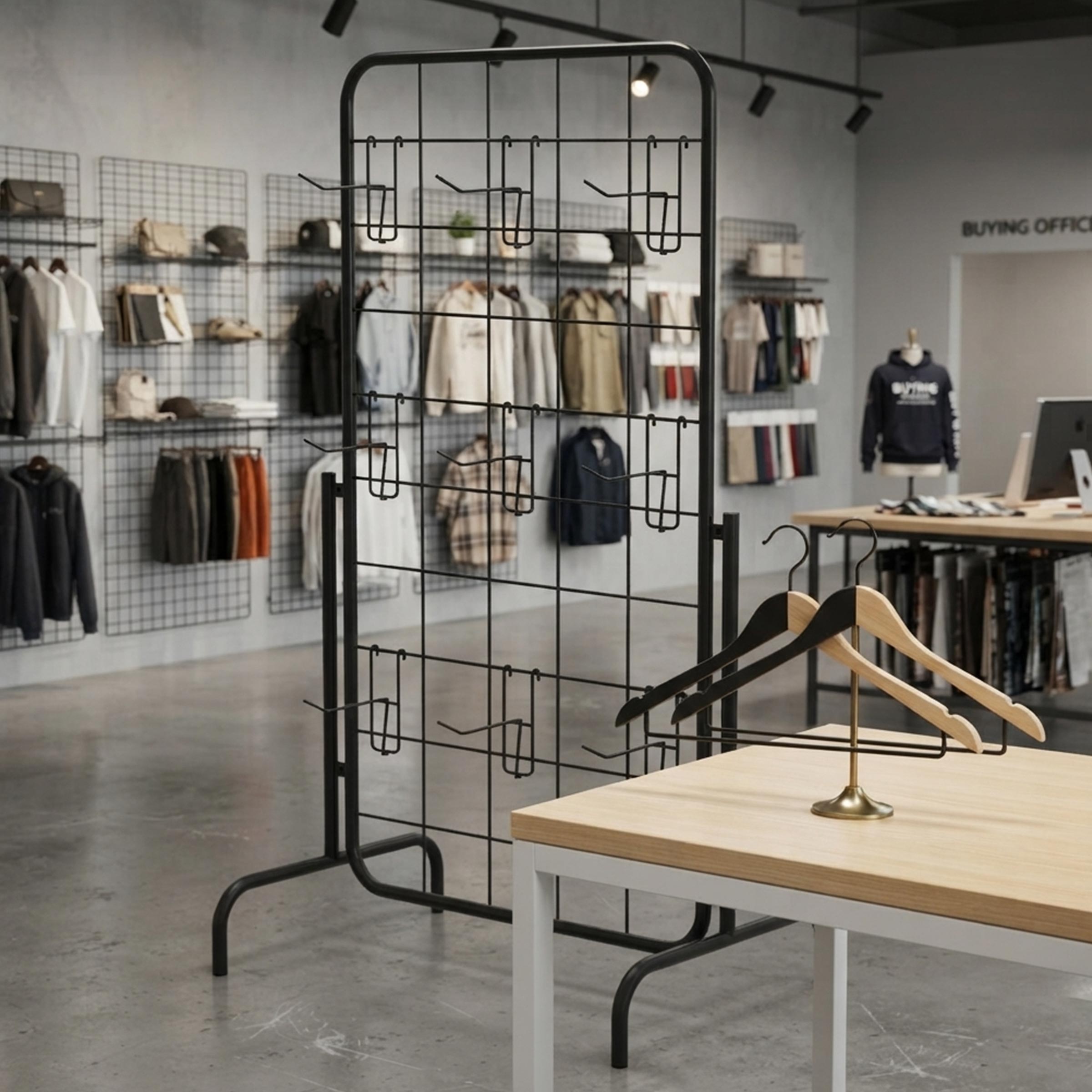 Black Tylon Cloth Stand designed for displaying clothing accessories, packaged garments and lightweight retail products in an organized way.