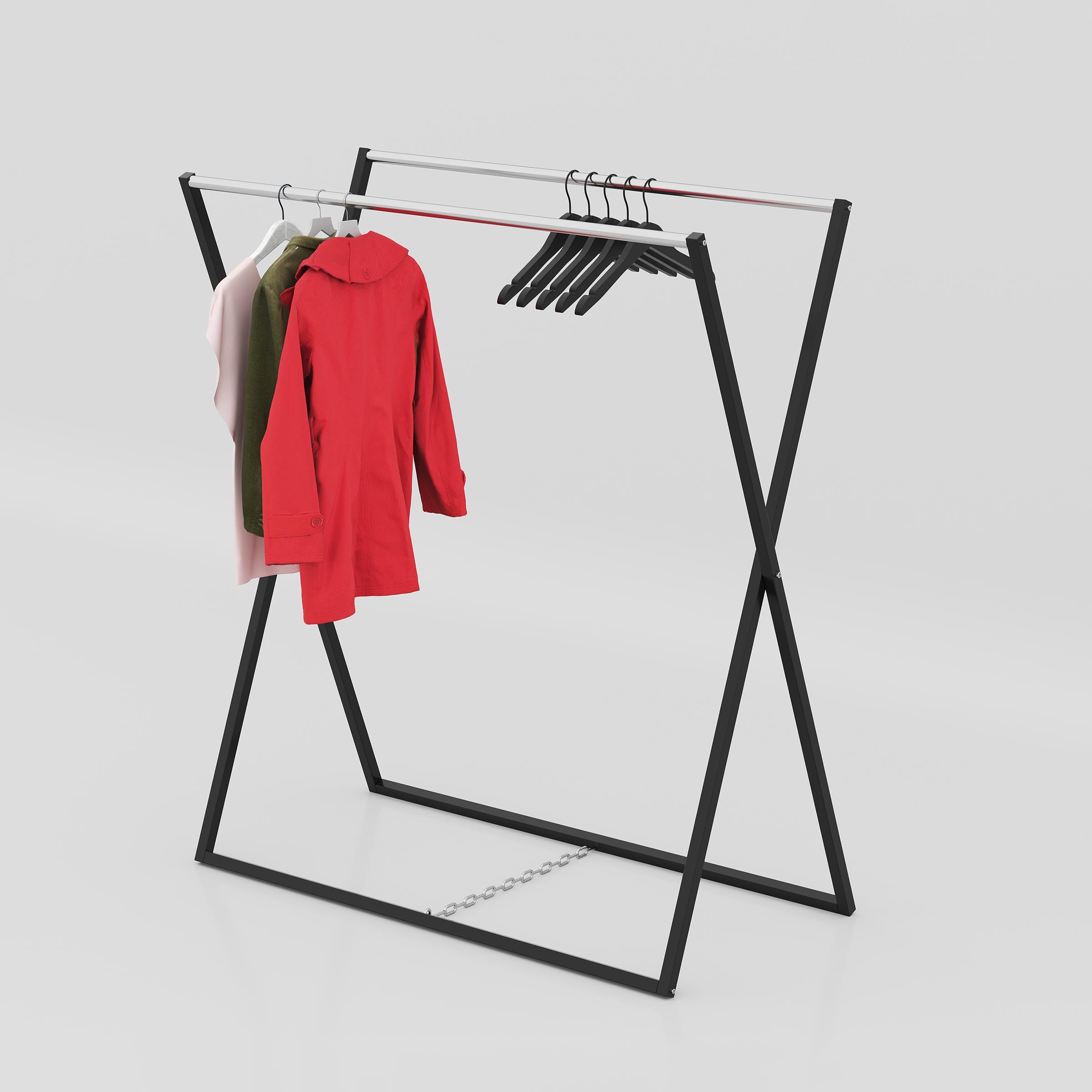 Velon Cloth Stand with black MS box frame, stainless steel hanging rails and chain support for bedrooms, boutiques and clothing stores.