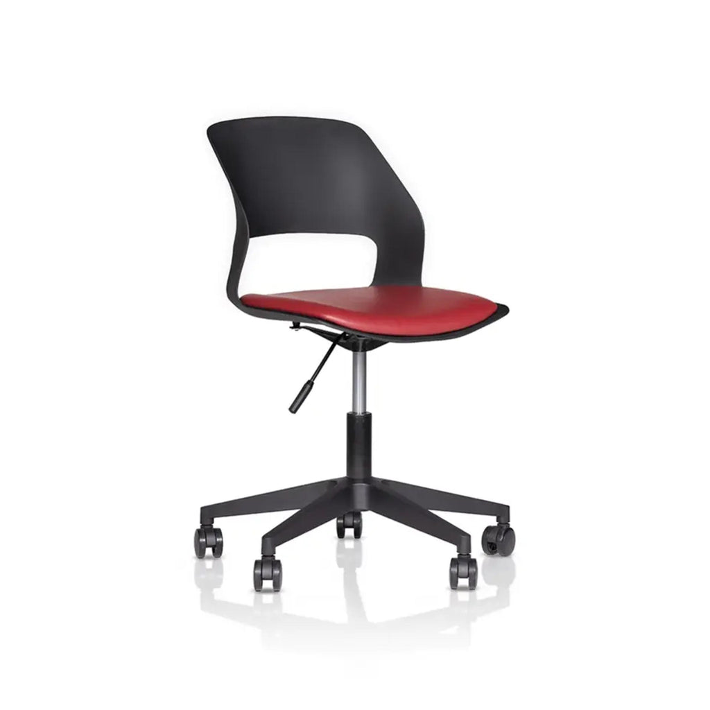 Vento V3 Swivel Chair featuring a compact black frame, supportive backrest and red seat for professional workspaces.