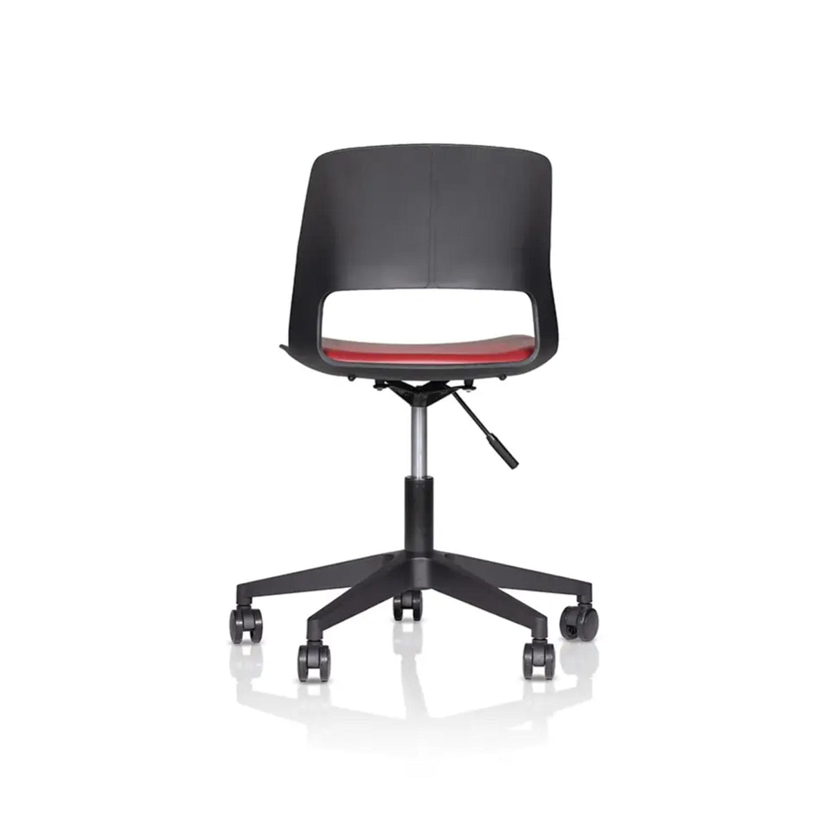 Black Vento V3 swivel chair with a red seat pad and wheeled base.
