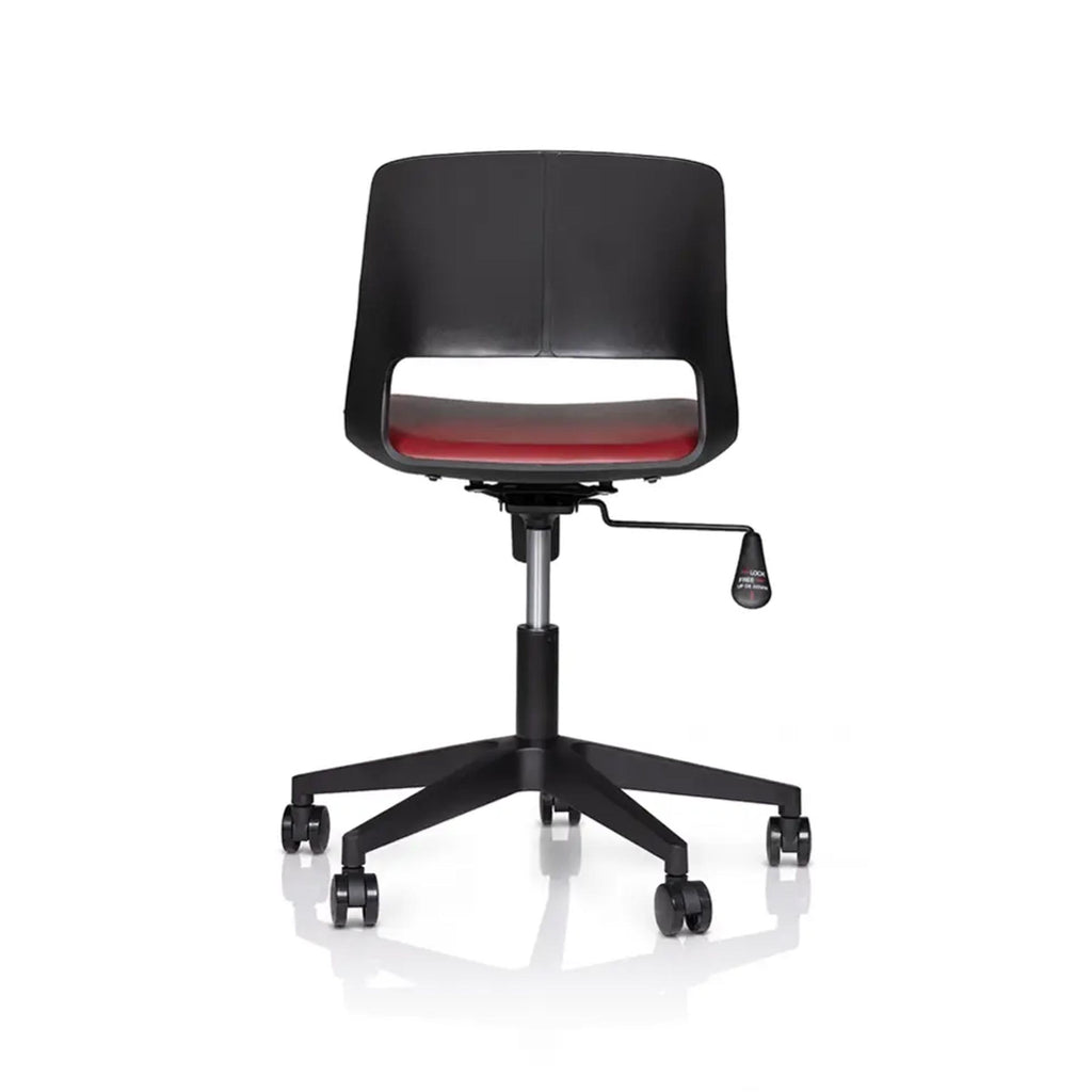 Rear view of the Vento Pro swivel chair with a black backrest, red seat and five-spoke wheeled base.