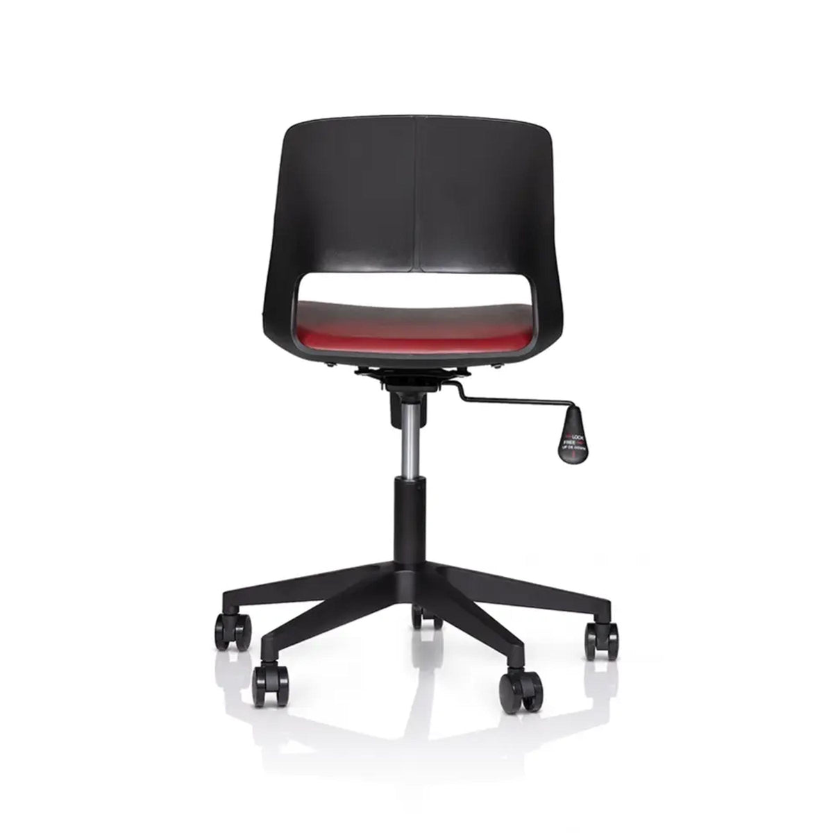 Rear view of the Vento Pro swivel chair with a black backrest, red seat and five-spoke wheeled base.