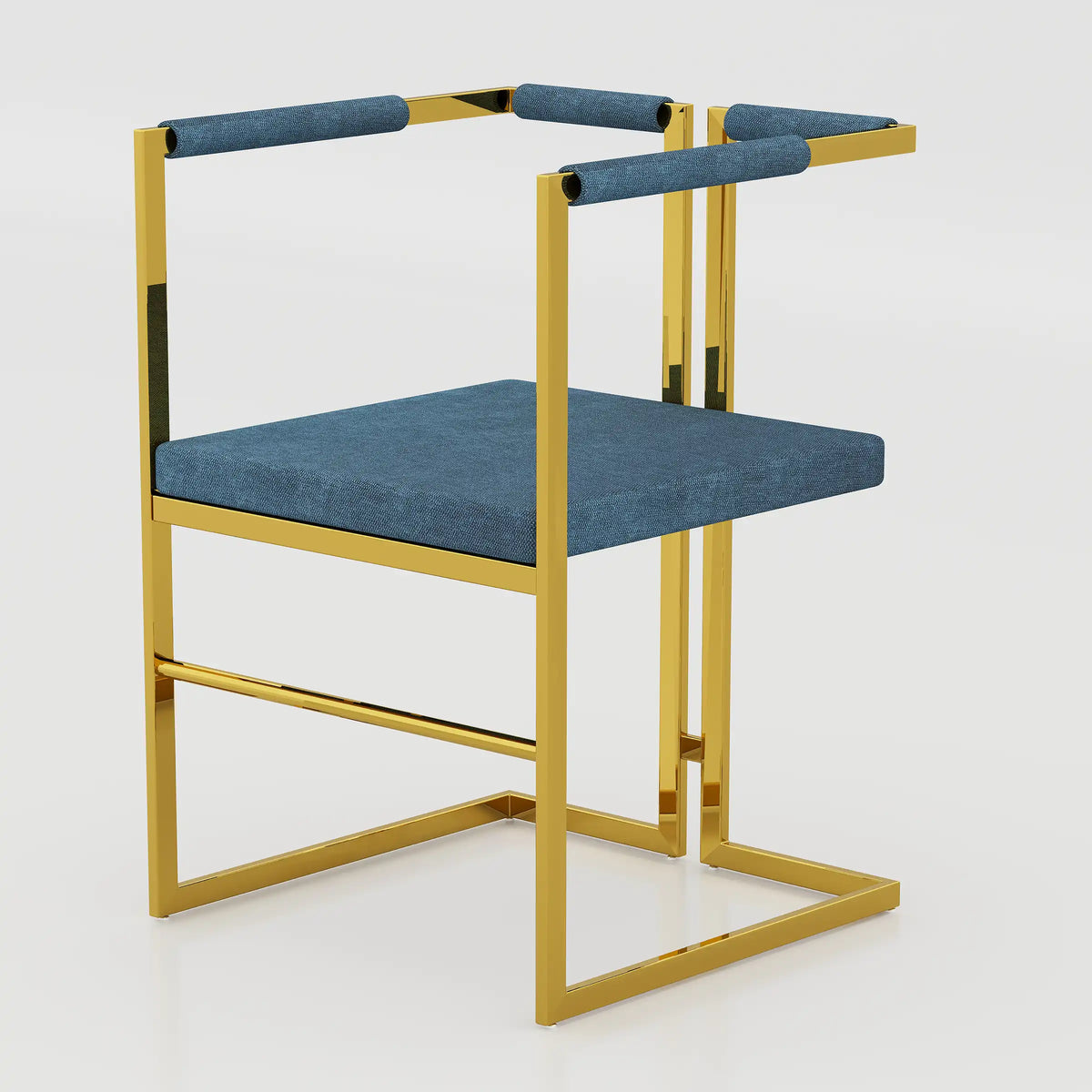Virox dining chair with a gold-coloured frame and blue seat.