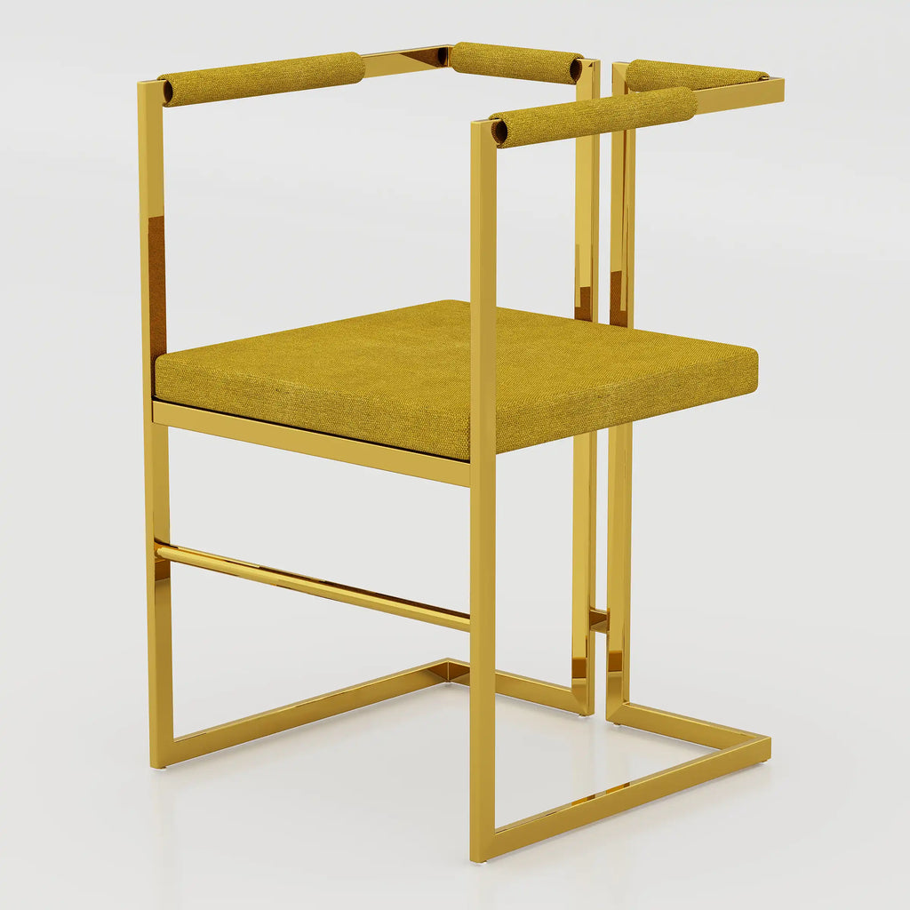 Virox Golden Dining Chair with mustard cushioned seat and modern geometric frame for stylish dining interiors.