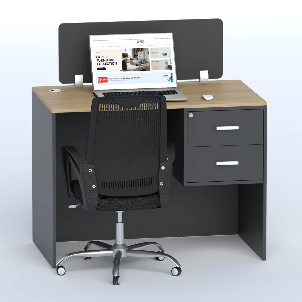 Workzen single seater workstation with a light wood-grain top, dark panels, two drawers and a desk divider.