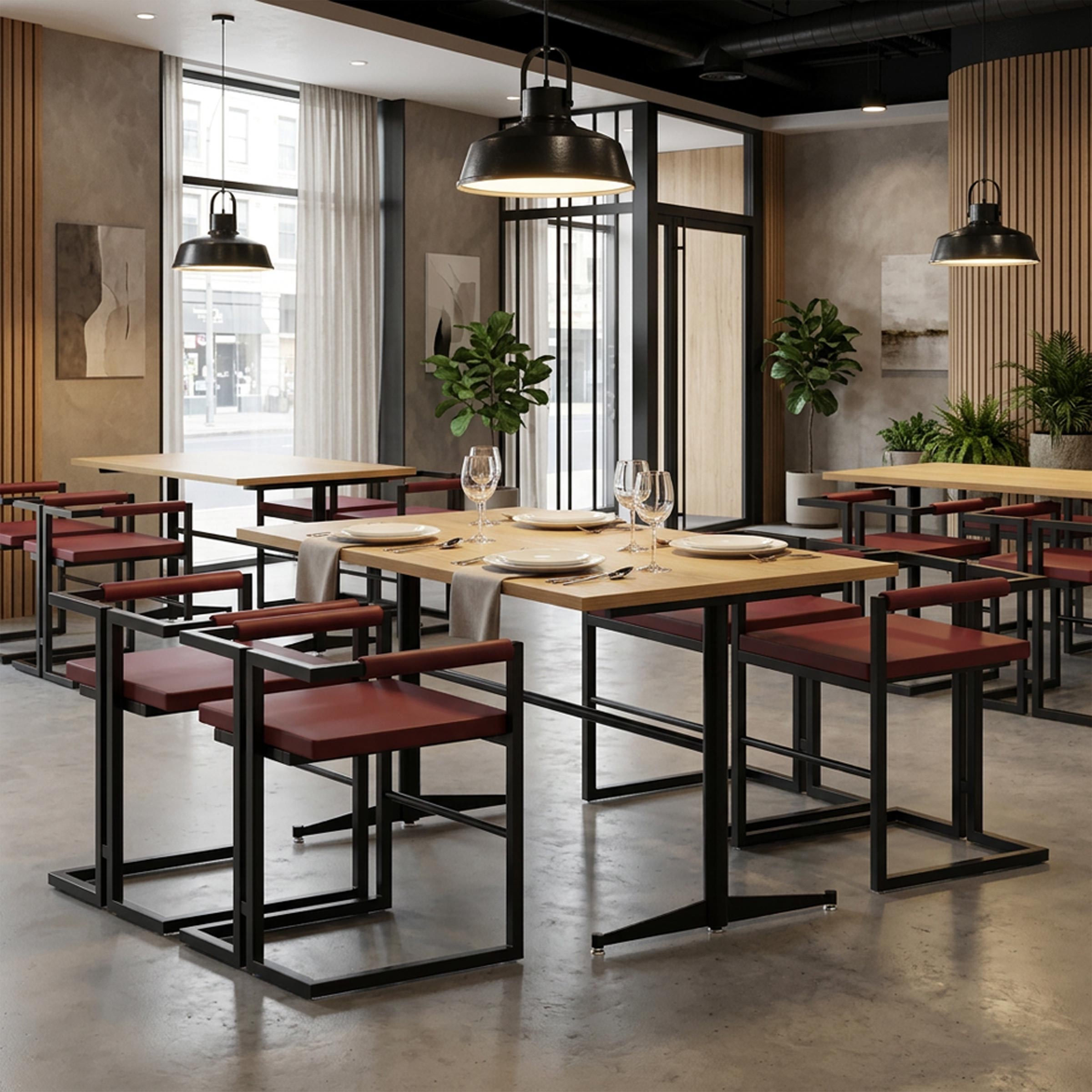 Modern Zelon Dining Chair featuring a geometric black metal frame and padded rexine seat for stylish commercial dining.