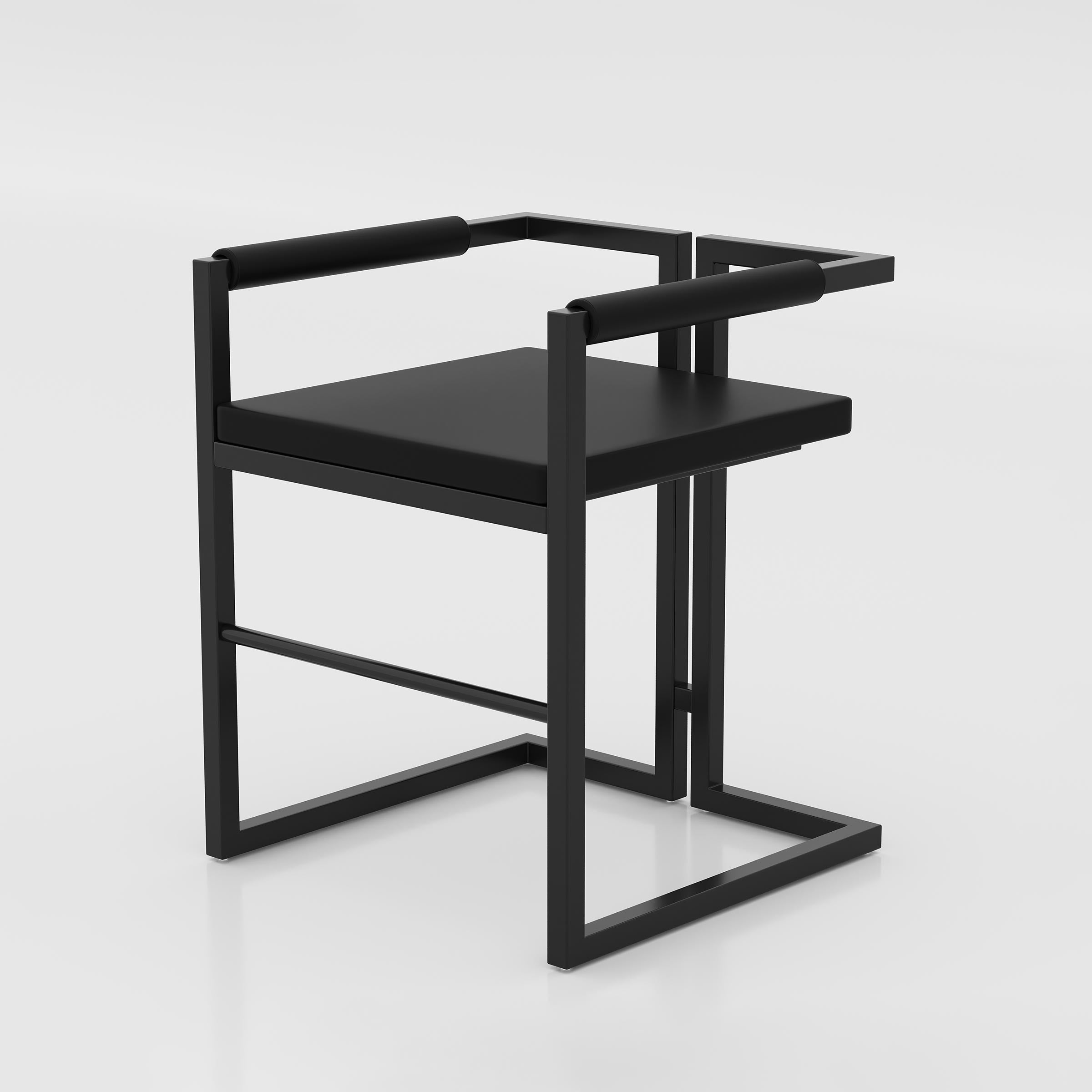Zelon Dining Chair with black mild steel frame, cushioned rexine seat and armrests for modern restaurants and café use.