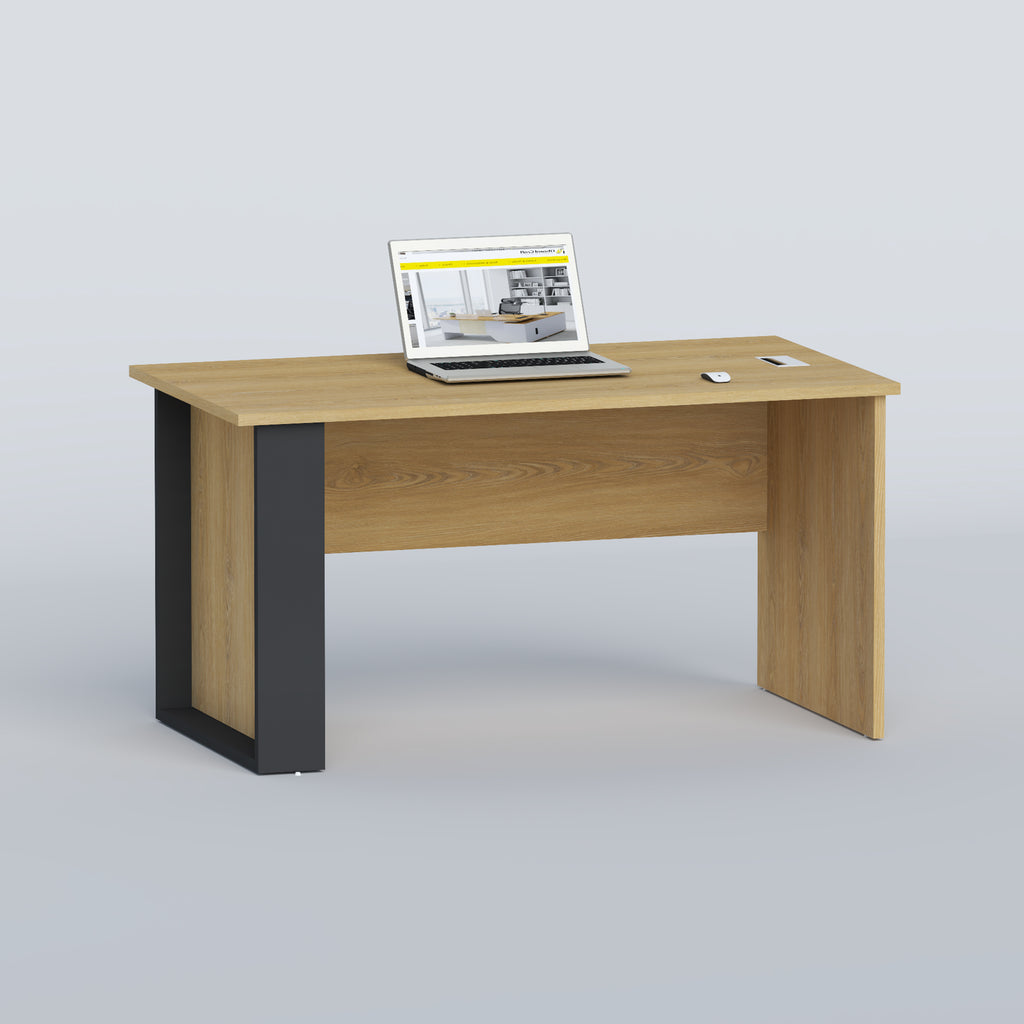 A modern wooden desk with a light oak finish and black metal legs, shown with a laptop and mouse on top against a neutral gray background.