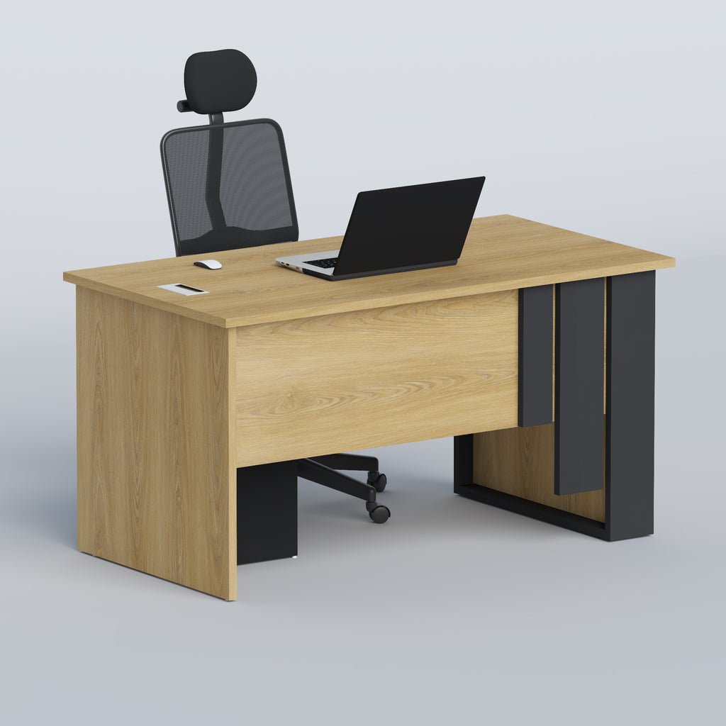 Lumina Executive Desk with light wood-grain panels and dark side accents, shown with a laptop and mesh office chair.