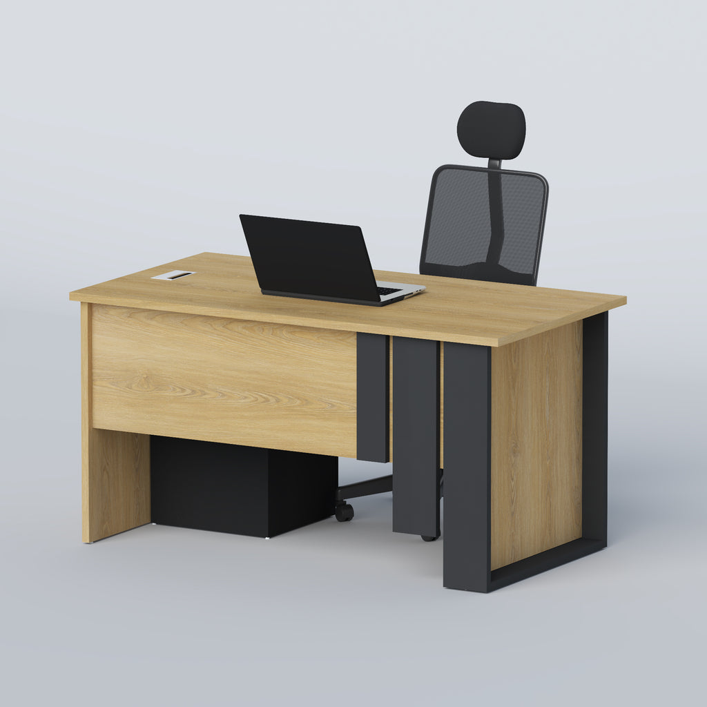 A modern office desk setup featuring a light oak wood desk with a black metal frame, a black mesh office chair, and a black storage cabinet underneath, with a laptop placed on top, set against a neutral light gray background.