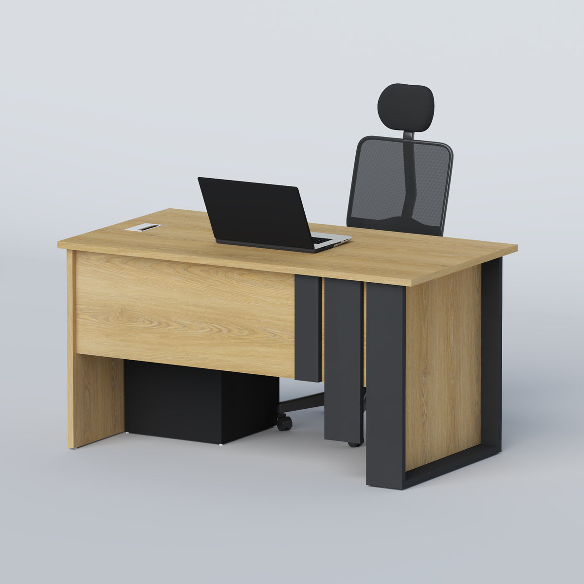 A modern office desk setup featuring a light oak wood desk with a black metal frame, a black mesh office chair, and a black storage cabinet underneath, with a laptop placed on top, set against a neutral light gray background.