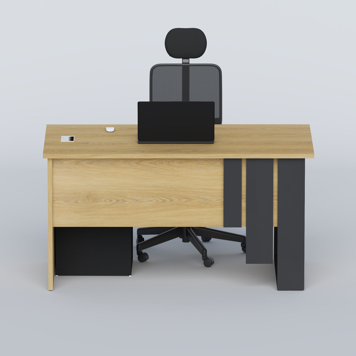 A modern oak wood office desk with dark gray metal legs and a black storage drawer underneath, shown with a black mesh office chair and laptop on a light gray background.