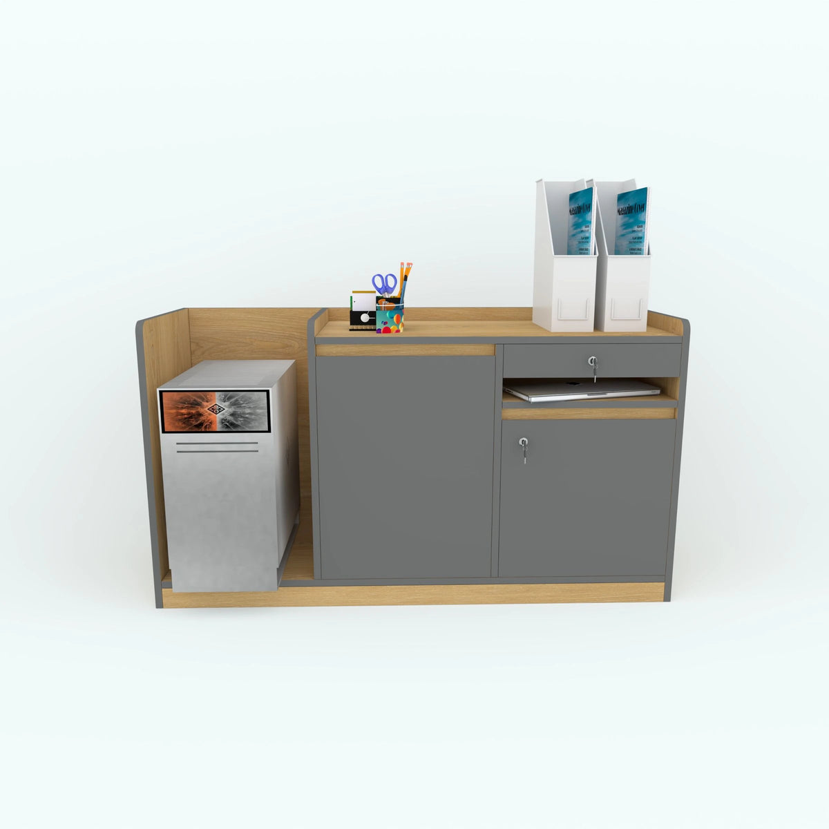 Front view of the StashDesk side table with grey doors and a computer tower.