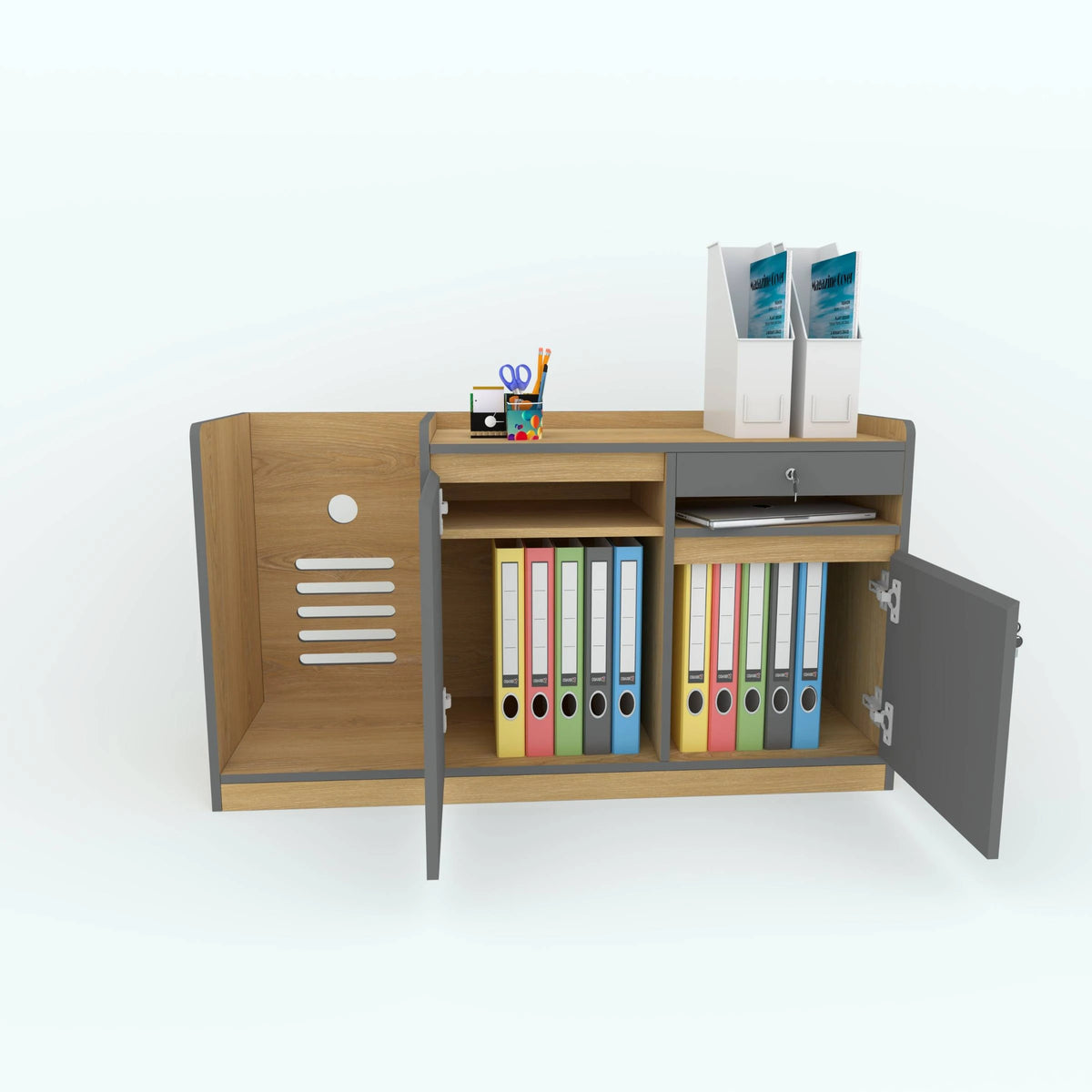 StashDesk side table with doors open to show shelves of binders.
