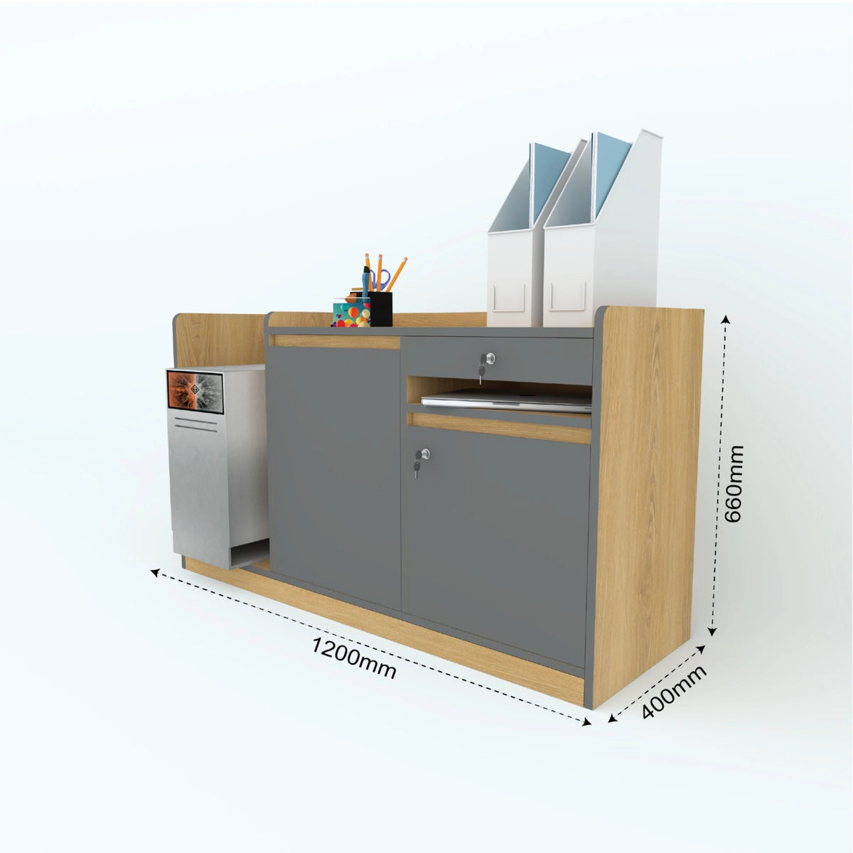 StashDesk side table dimension diagram: 1200 mm wide, 400 mm deep and 660 mm high.
