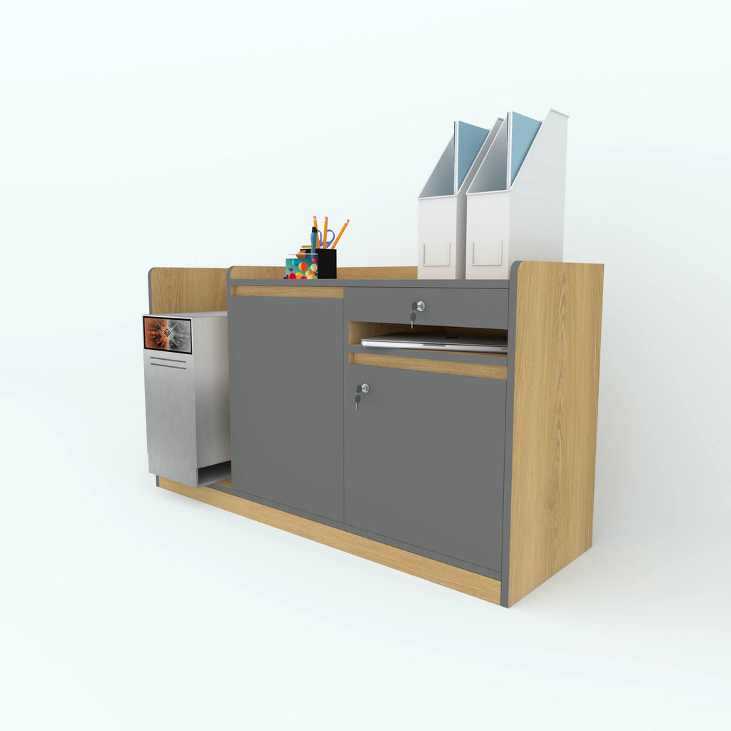 StashDesk side table with grey doors, a drawer and a computer tower in the side compartment.