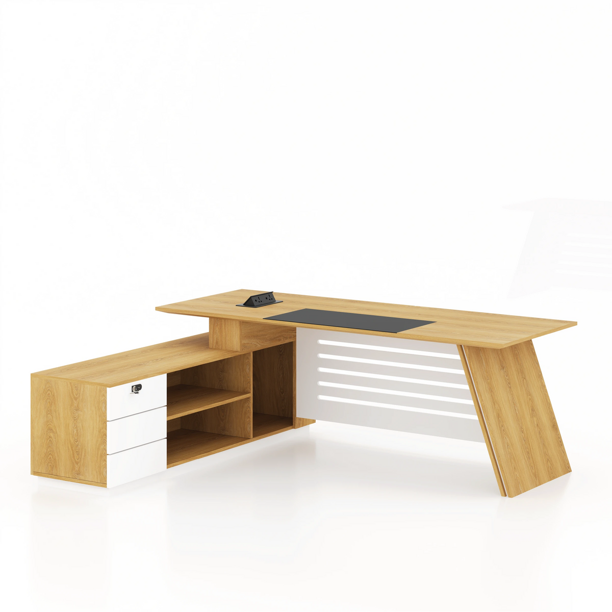 Rear view of Straight Fit Luxury Desk showing drawers, open shelves and a white slatted modesty panel.