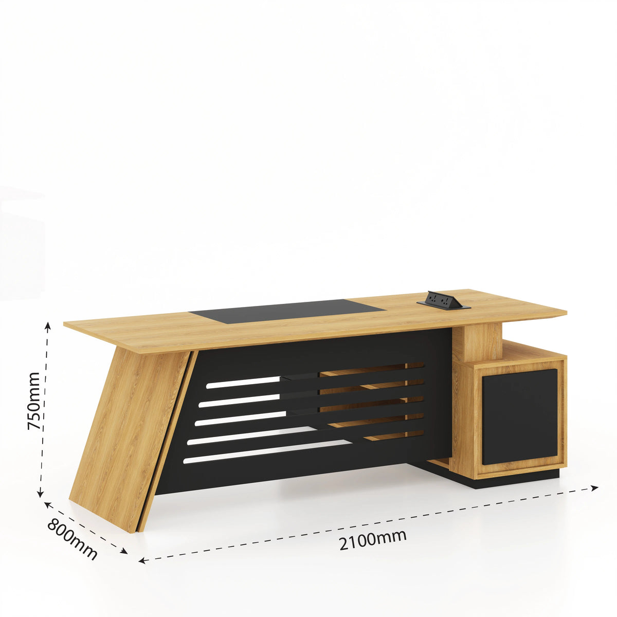 Straight Fit Luxury Desk dimension diagram labelled 2100 mm wide, 800 mm deep and 750 mm high.
