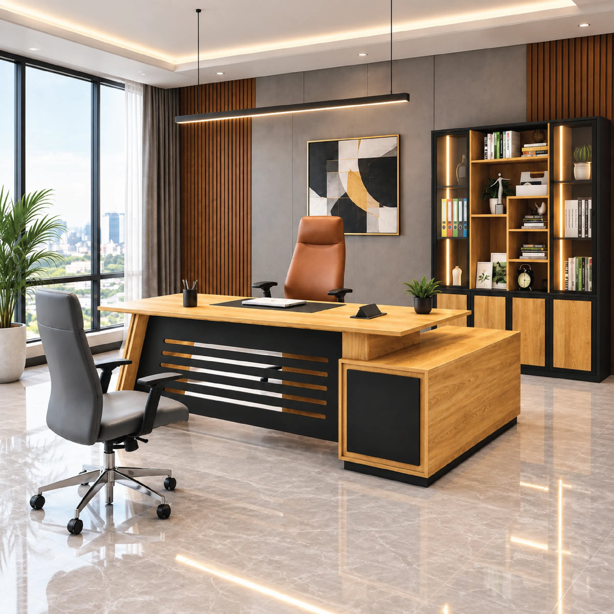 Straight Fit Luxury Desk with wood-grain surfaces and black front panels in an office with two chairs and a display cabinet.