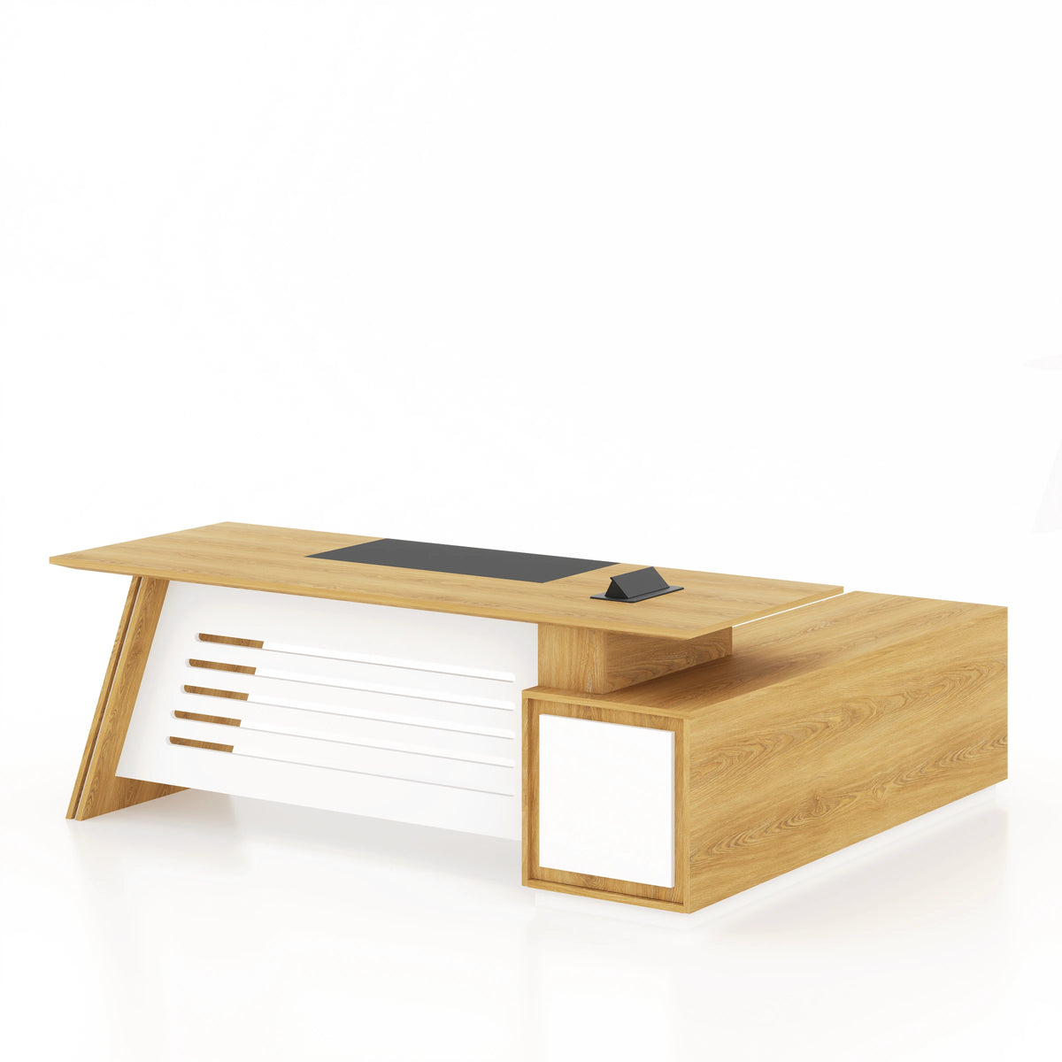Angled front view of Straight Fit Luxury Desk with light wood-grain surfaces, white slatted front panel and side cabinet.