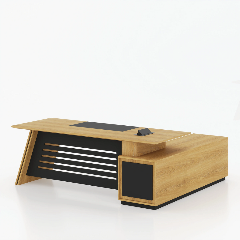 Angled front view of Straight Fit Luxury Desk with light wood-grain surfaces, black slatted front panel and side cabinet.