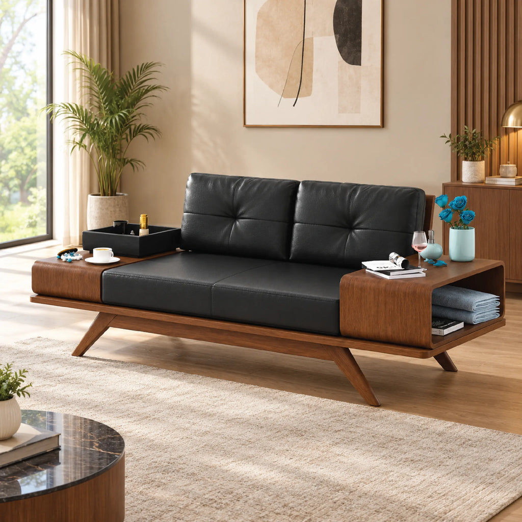 Woodex two-seater sofa with black cushions, brown frame and open side storage in a furnished living room.