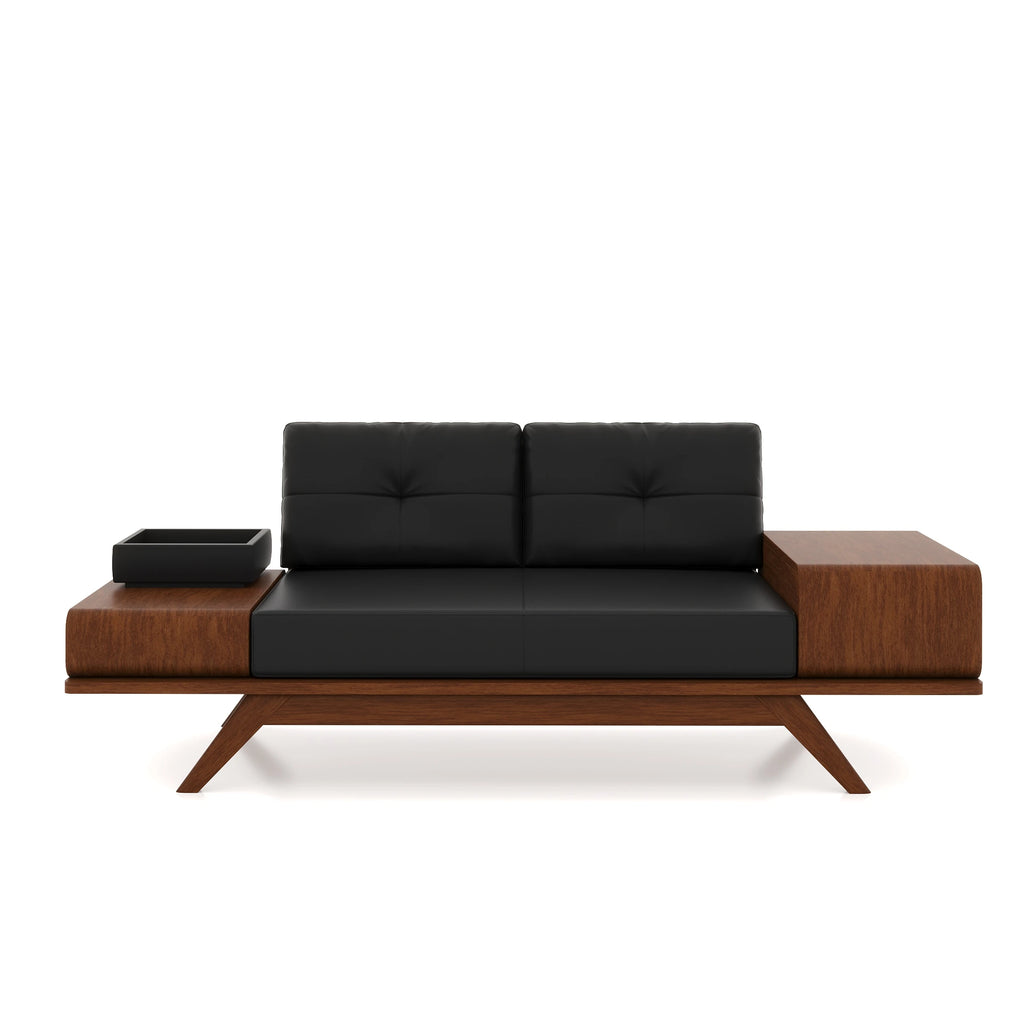 Front view of the Woodex two-seat sofa with black cushions.