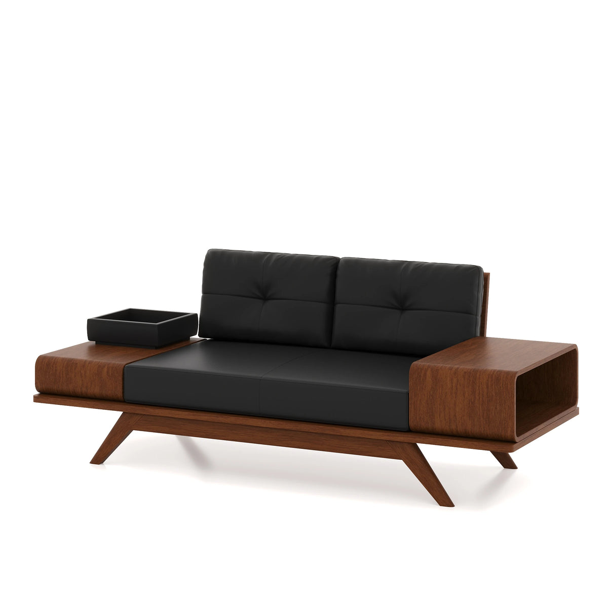 Angled view of the Woodex two-seat sofa showing its open side compartment.