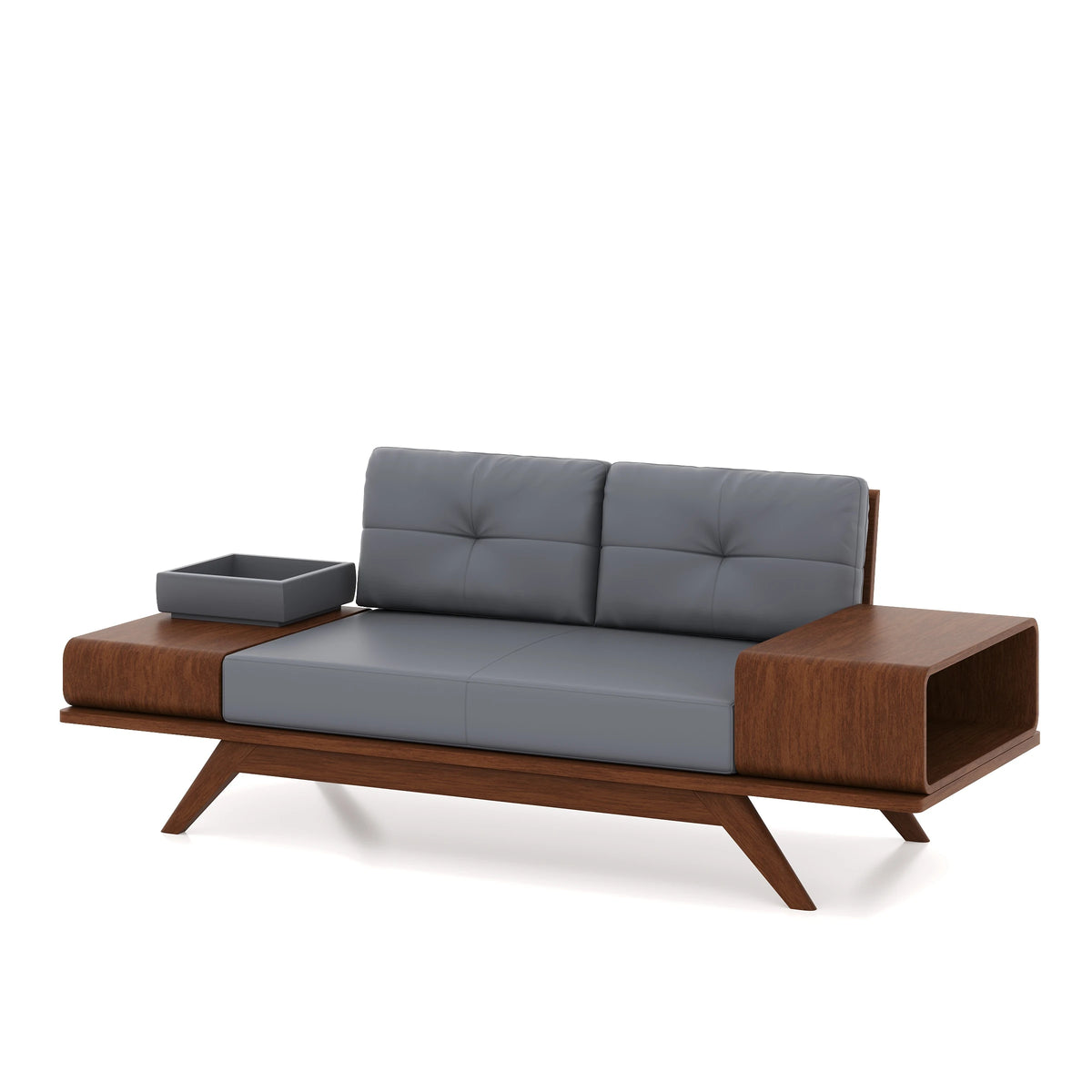 Woodex two-seat sofa with grey cushions and brown side compartments.