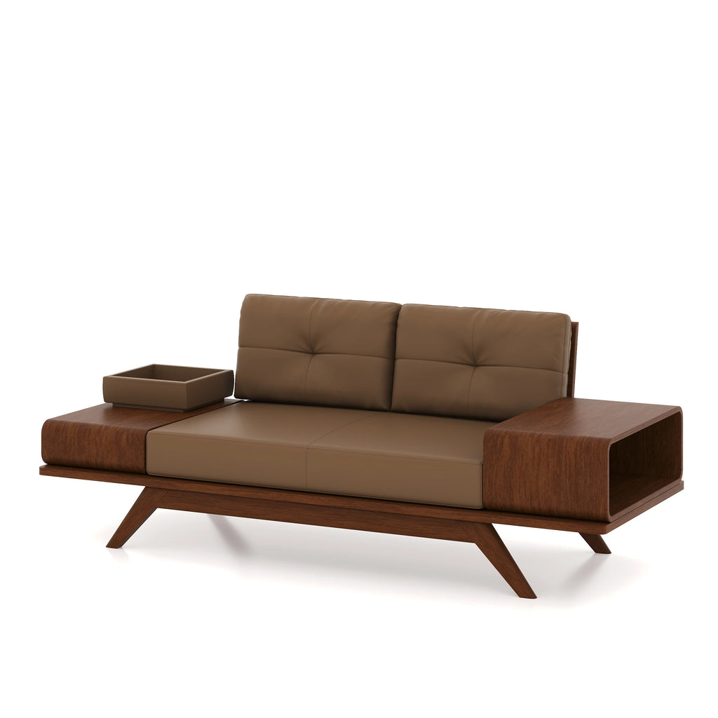 Angled view of Woodex two-seater sofa with brown cushions, brown frame and open side storage against a white background.