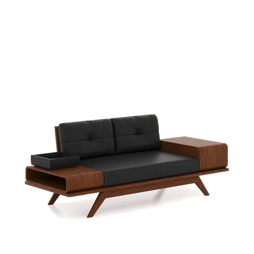 Woodex two-seat sofa with black cushions and brown side compartments.