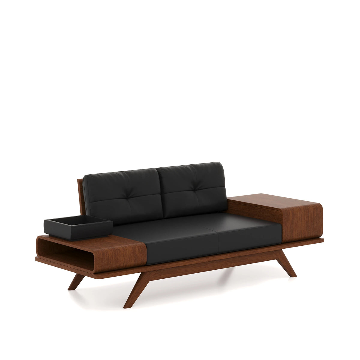 Woodex two-seat sofa with black cushions and brown side compartments.