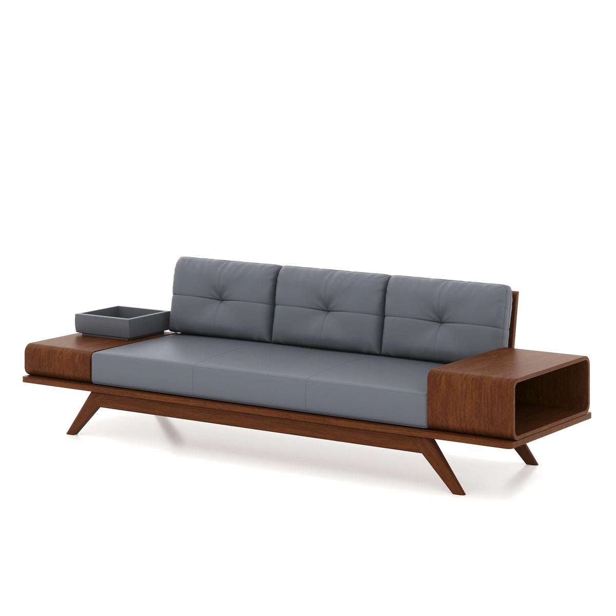 Woodex three-seat sofa with grey cushions and brown side compartments.