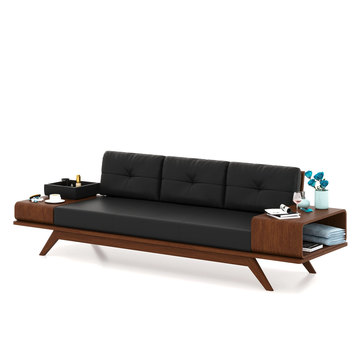 Woodex three-seater sofa with black cushions, brown frame and open side storage against a white background.