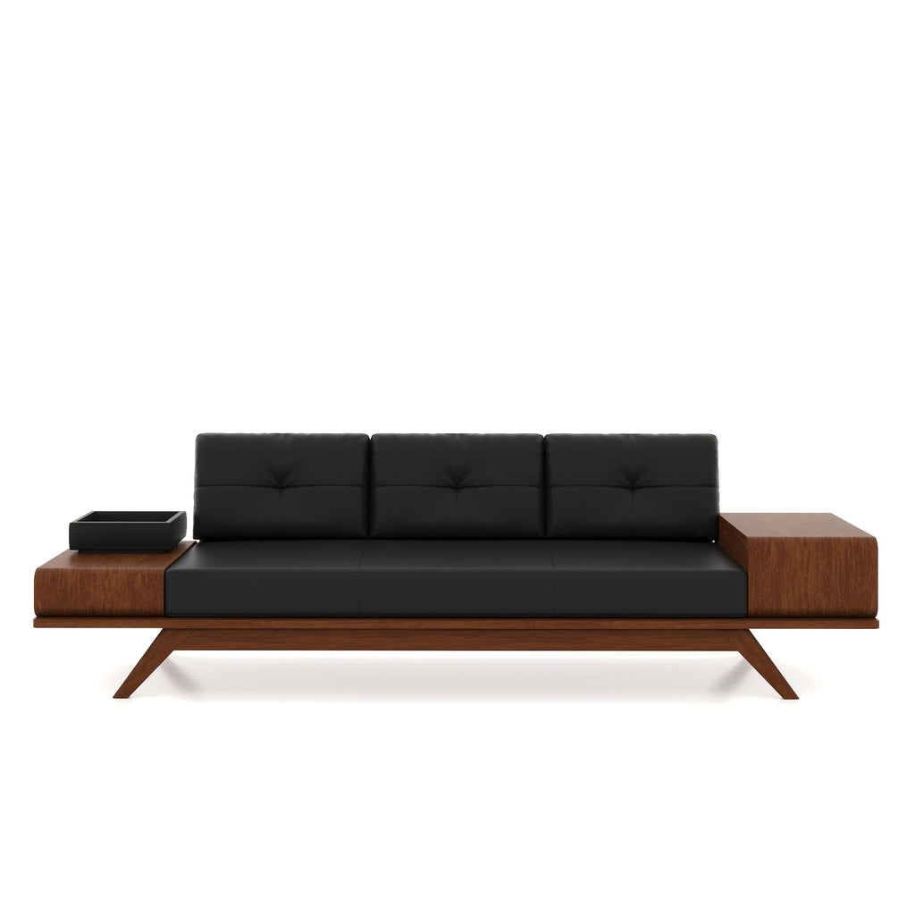 Front view of the Woodex three-seat sofa with black cushions.