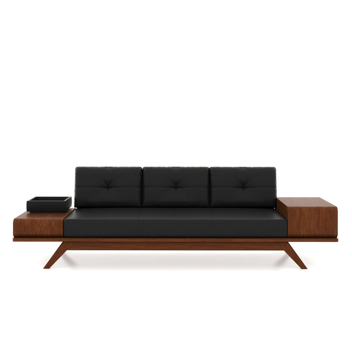 Front view of the Woodex three-seat sofa with black cushions.