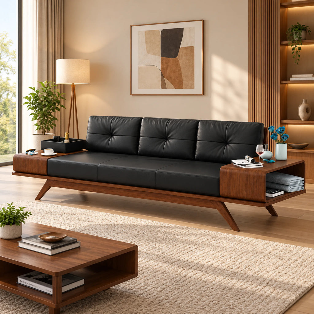 Woodex three-seat sofa with black cushions in a living room.