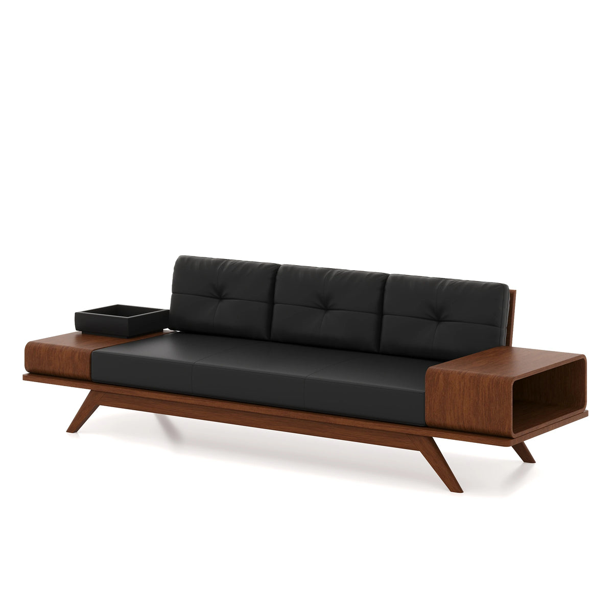 Angled view of the Woodex three-seat sofa showing its open side compartment.