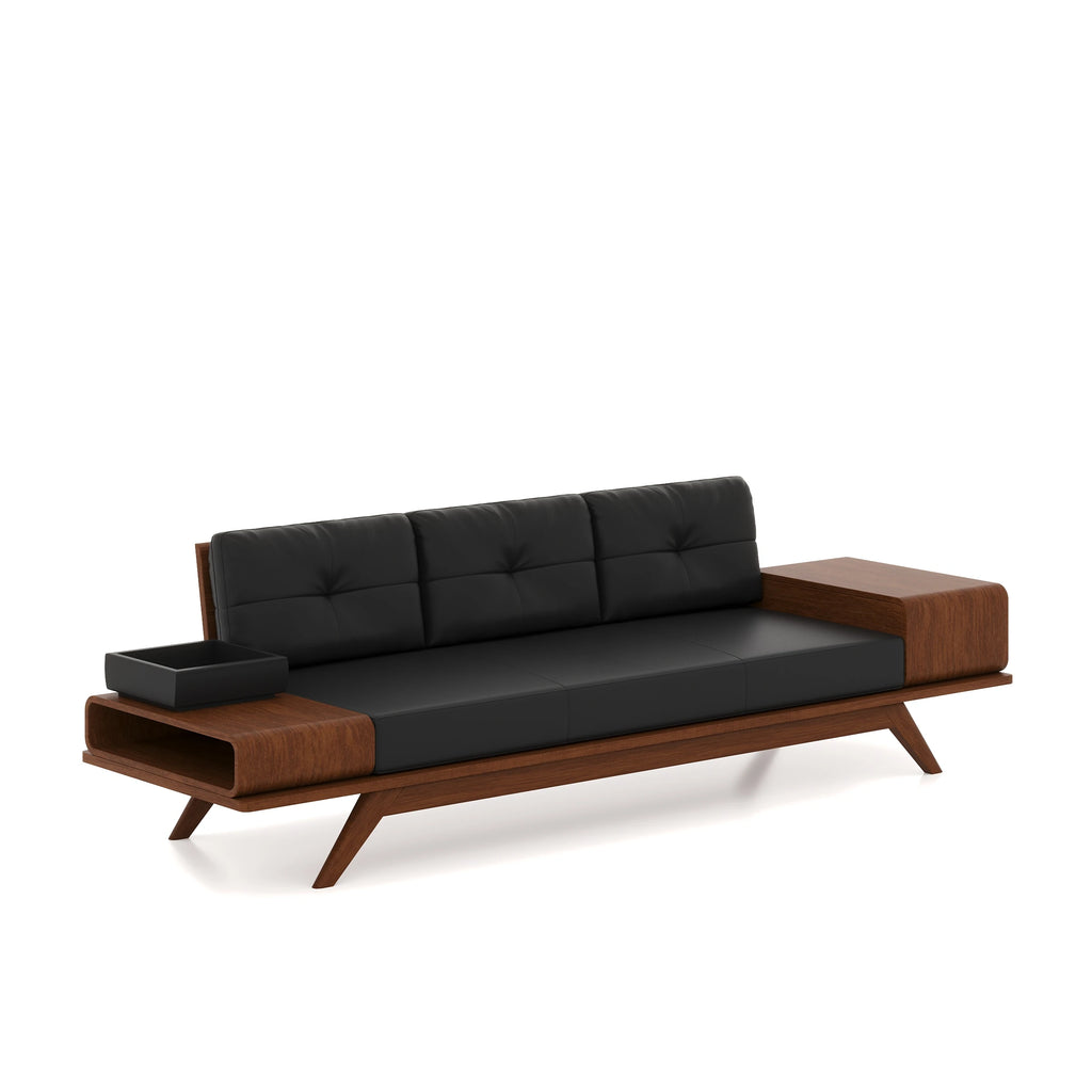 Woodex three-seat sofa with black cushions and brown side compartments.